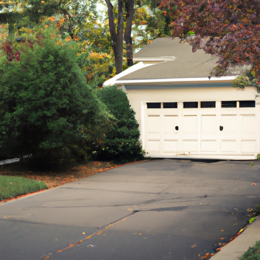 Suburban Needham home with a sectional garage door slightly open on a calm autumn day, no people.