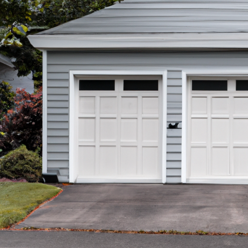 Sectional garage door on a suburban Needham, MA home showing material texture and weather seals.
