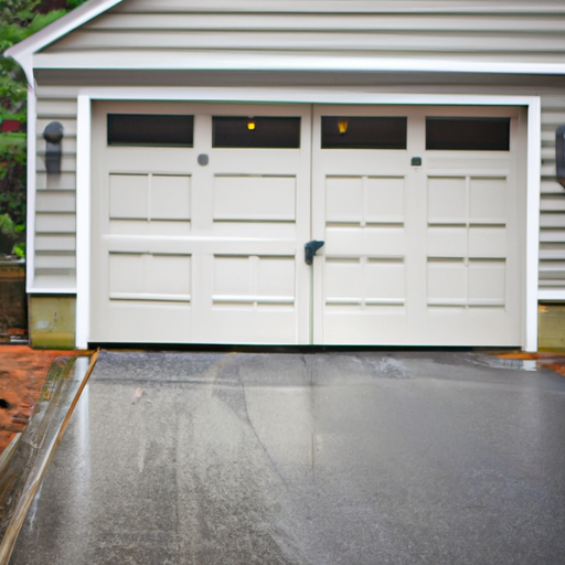 Sectional garage door on a suburban Needham, MA home exterior on an overcast day with visible track and driveway.