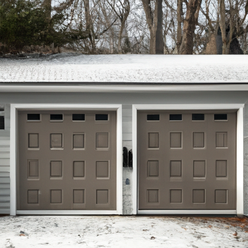Residential steel sectional garage door on a snowy Needham, MA morning; no people visible.
