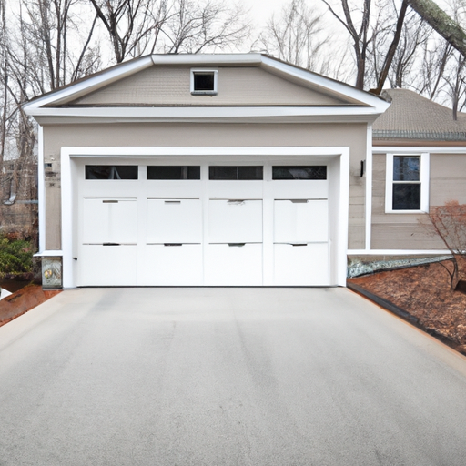 Freshly installed insulated sectional garage door on a suburban Needham, MA home in soft daylight.