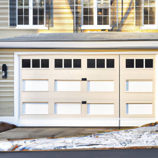 Suburban Needham home exterior with insulated garage door and wall-mounted smart garage controller, early morning light.