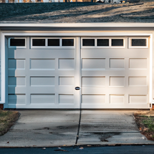 Suburban Needham garage with insulated door and visible bottom seal, late afternoon light.
