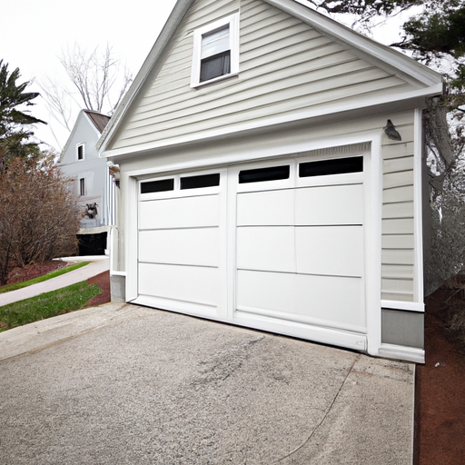 Suburban Needham driveway showing a closed residential garage door with visible panels and hardware, no people.
